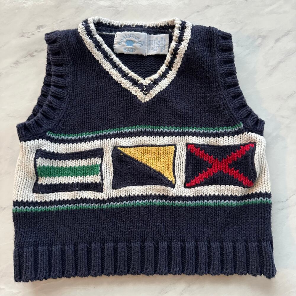 Hartstrings baby 24 months boys sweater vest blue flags pattern vintage v-neck